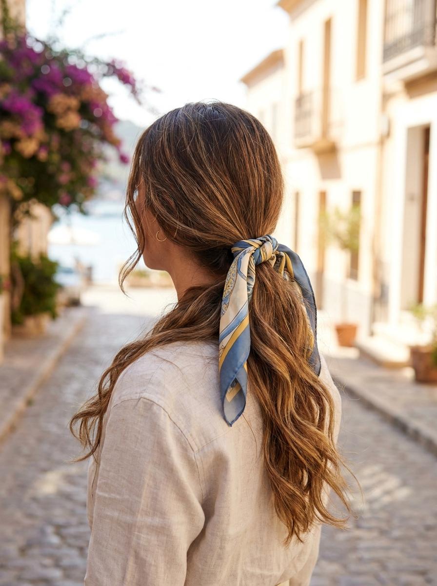 Niedriger Pferdeschwanz mit Tuch - Sommerfrisur für lange Haare